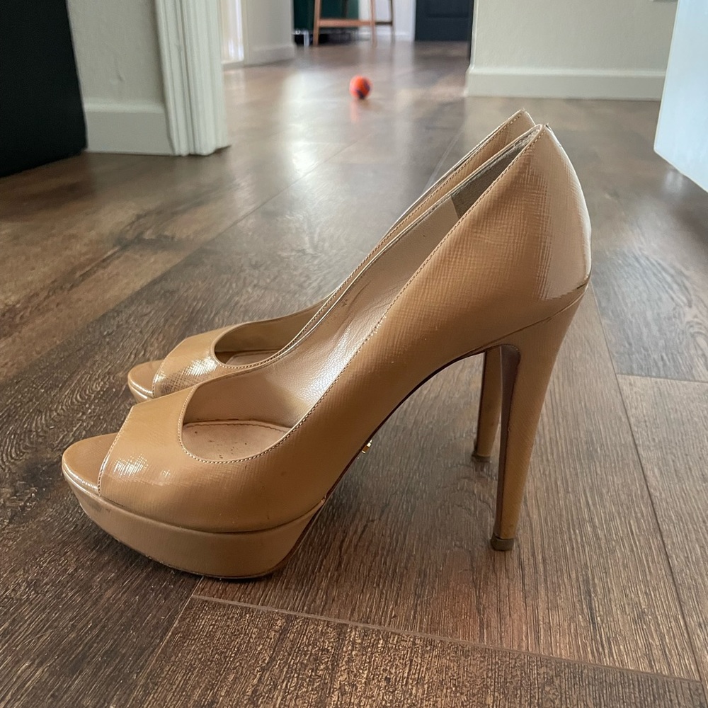 Prada Patent Peep Toe Platform Heels- 37.5 Nude